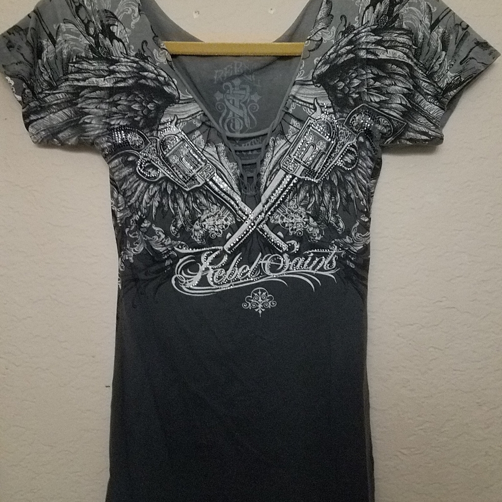 Rebel saints sexy cleavage T-shirt guns crystals
